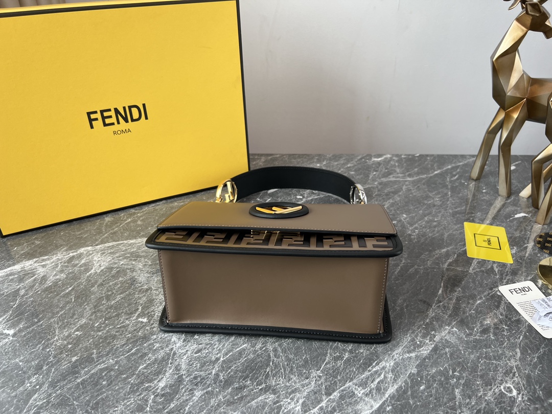 Fendi Medium Kan I F Shoulder Bag Leather with Zucca Embossed Detail Brown/Black